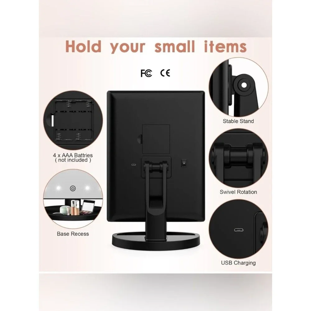 Make Up Mirror LED Magnifying USB Battery Weily Lighted Tri-Fold Adjustable Blk